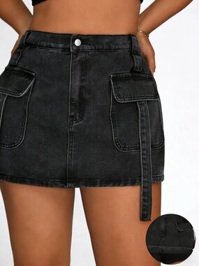 Fashion Nova Black Washed Denim Cargo Mini Skort